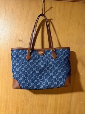 Gucci Dark Blue Ophidia GG Denim and Brown Leather Tote Bag